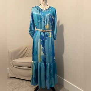 Lightweight Satin Blue Floral Maxi Dress